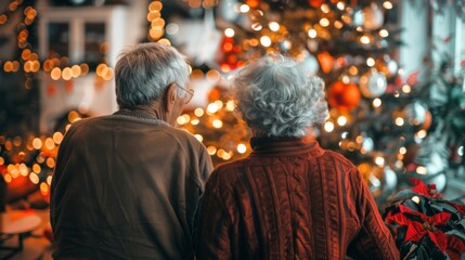 Elderly couple enjoying Christmas holiday season in front of a beautifully decorated tree with festive lights. Concept of love in old age, holiday celebrations, and seasonal warmth