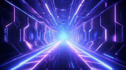 Fototapeta premium Futuristic neon tunnel corridor, purple blue glowing sci-fi background, cyberpunk light beams for technology wallpaper