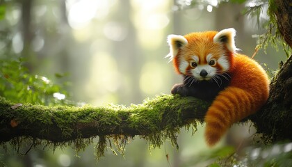 A red panda perched on a mossy tree branch, in a misty forest, soft light creating a serene ambiance
