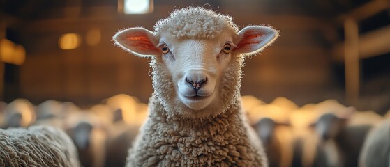 A sheep front and center in a barn, surrounded by its flock, lit by soft barn light