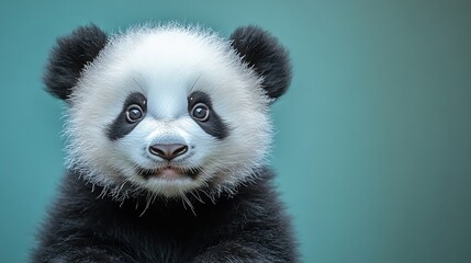 Fototapeta premium Adorable baby panda with soft fur, wide eyes, and a playful expression, sitting against a light blue background