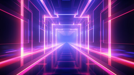 Fototapeta premium 3D abstract background with neon lights. neon tunnel .space construction .