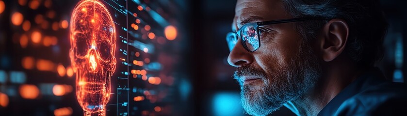 Obraz premium Doctor examining a glowing holographic skeleton, in a hightech lab, deep concentration