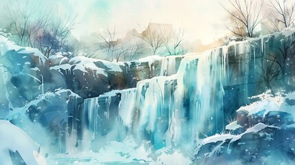 Digital illustration of a serene winter waterfall surrounded by snowy trees. Concept of tranquil nature, peaceful winter landscape, frozen beauty
