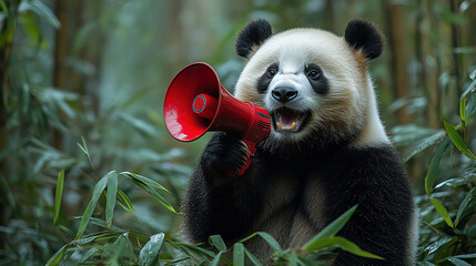 Obraz premium Panda holding a red megaphone, surrounded by lush bamboo, humorous and playful scene