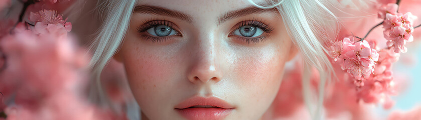 Obraz premium Soft pastel floral look, woman with white hair surrounded by pink blooms, dreamy and delicate atmosphere