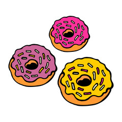 A fun and colorful illustration of three glazed donuts with sprinkles, perfect for dessert-themed designs and bakery projects