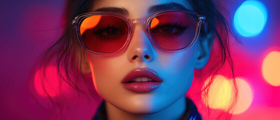 Fototapeta premium Woman in dark avantgarde jacket with oversized shades, dramatic lighting, futuristic style