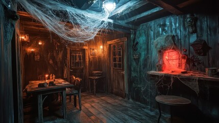 Escape the Haunted House: Eerie Setting with Cobwebs and Creepy Props