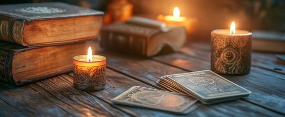 Esoterics, tarot cards and magic crystals and stones. Astrology. Predictions makes predictions of fate, tarot cards, fortune telling on tarot cards, magic crystal, occultism, esoteric background. 