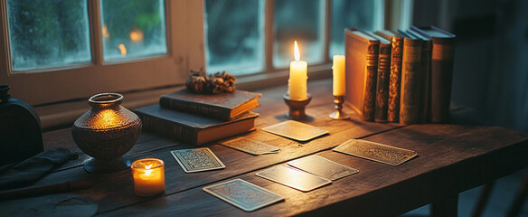 Esoterics, tarot cards and magic crystals and stones. Astrology. Predictions makes predictions of fate, tarot cards, fortune telling on tarot cards, magic crystal, occultism, esoteric background. 