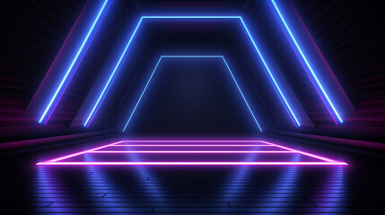 Fototapeta premium Dark room with purple and blue diagonal neon lights. 3d vector showcase with copy space stock illustration