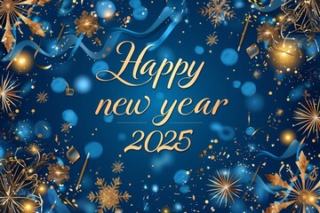 New Year blue card with the inscription "Happy New Year 2025"
