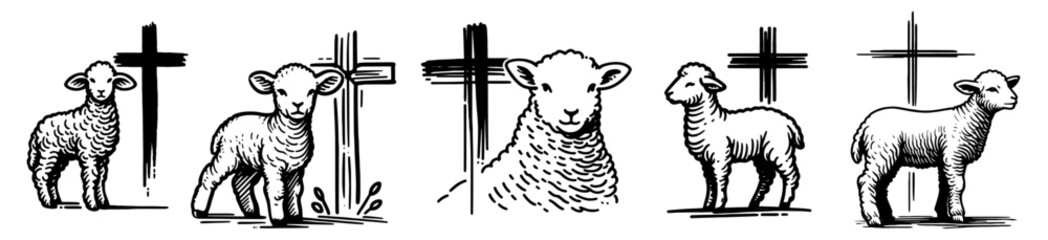 collection of religious lamb of god and cross illustrations, hand-drawn black vector art © Luka