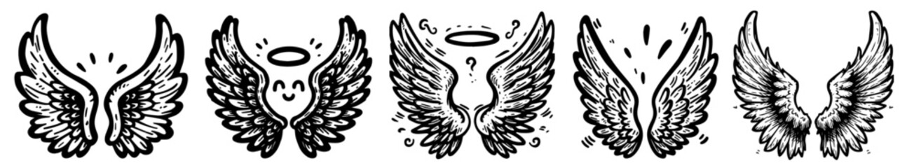 Elegant Black and White Wings Illustrations: Hand-sketched Angelic Wing Variations