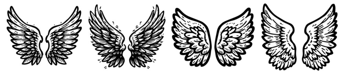 Diverse Set of Hand-drawn Wings: Symmetrical Feathered Wings for Spiritual Designs