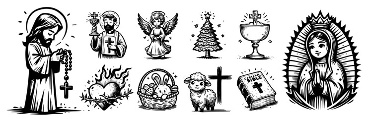 collection of hand-drawn christian icons and attributes, highlighting spiritual themes in black and white