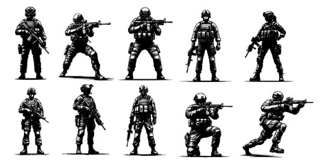black and white detailed illustration of armed soldiers in various combat-ready poses, military tactical team