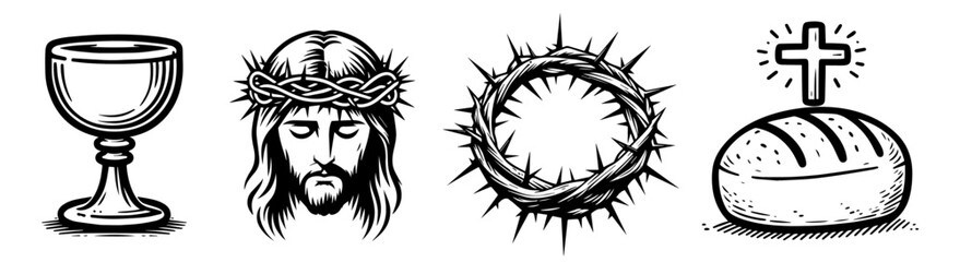 Obraz premium black and white vector set of christian symbols and sacred objects in hand-drawn doodle style