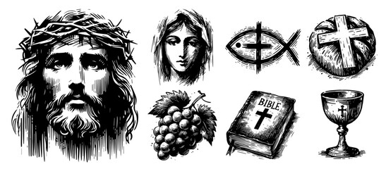 hand-drawn illustrations of christian symbols and attributes, featuring crosses and sacred objects