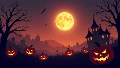  Eerie Halloween night with glowing jackolanterns and a full moon