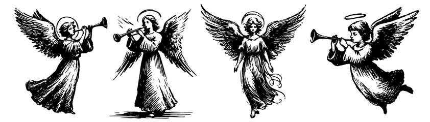 graceful angels with trumpets in vintage sketchy style black vector © Luka