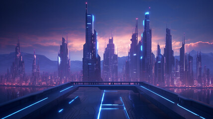 Obraz premium Futuristic cityscape with neon-lit skyscrapers.