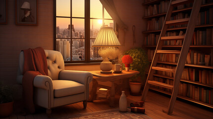Fototapeta premium Room Decoration A_cozy_reading_nook_with_a_big lamp light and beautiful architect.