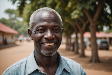 Fototapeta premium Close portrait of a smiling senior Gambian man looking at the camera, Gambian outdoors blurred background