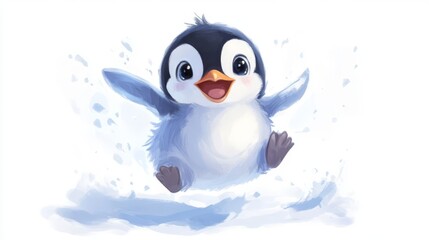Obraz premium Adorable illustration of a cute baby penguin playing in the snow with a joyful expression, perfect for children's content.