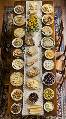 Fototapeta premium The long wooden table is beautifully arranged with a variety of delicacies, including breads, cheeses, fruits, and pastries, inviting everyone to gather and celebrate