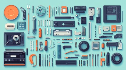 Aerial view of assorted tools and mechanical parts arranged neatly on a turquoise background. Ideal for workshops, repair, and DIY projects.
