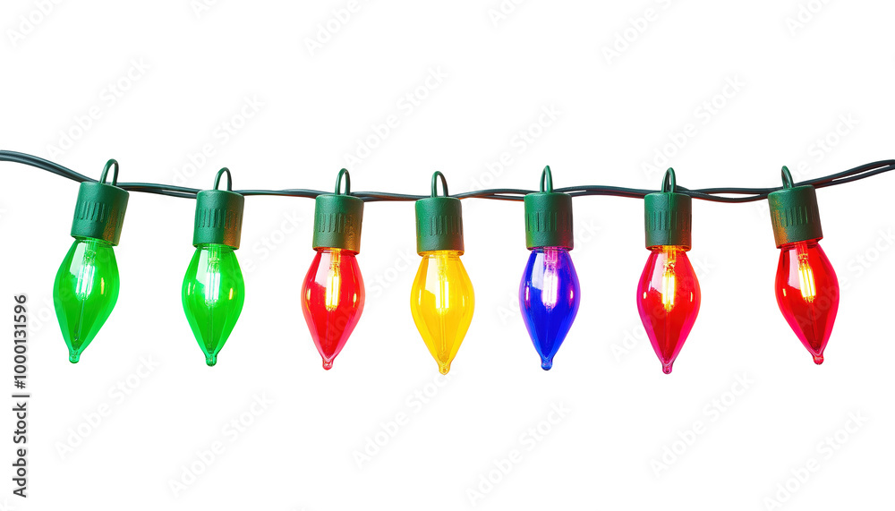 Wall mural a string of colorful christmas lights with bulbs lit up in red, green, blue, and yellow isolated on 
