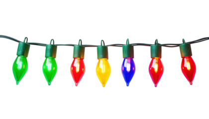 A string of colorful Christmas lights with bulbs lit up in red, green, blue, and yellow isolated on transparent background