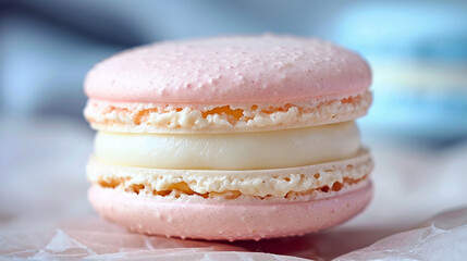 A medium close-up of a delicate macaron in pastel colors, with a creamy filling peeking through, ready to be enjoyed.