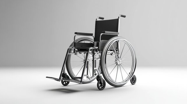 Realistic rendering of a wheelchair standing alone on a clean, white background, highlighting its structure and design
