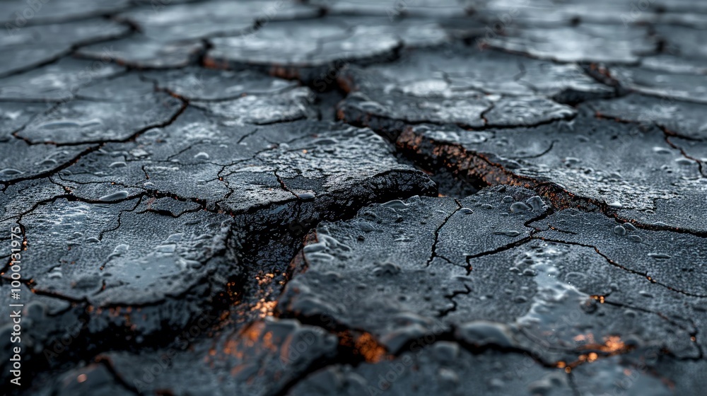 Sticker Realistic close-up of an asphalt road surface with surface cracks oil stains and wear patterns illustrating the impact of heavy traffic and environmental conditions. high resolution Illustration, in