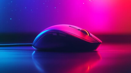 Ergonomic computer mouse illuminated by vibrant neon lights on a reflective surface, perfect for gaming and office use.