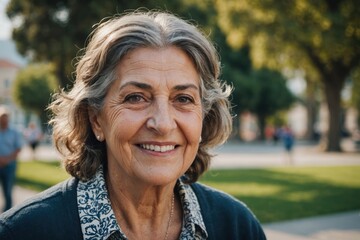 Close portrait of a smiling senior Greek woman looking at the camera, Greek outdoors blurred background