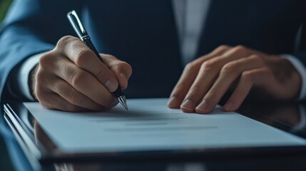 Fototapeta premium closeup of businessmans hands signing digital contract on tablet device