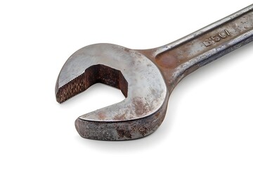 Old rusty spanner on a white background, closeup of photo