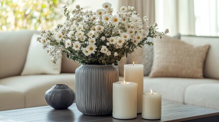A close-up of a beautifully styled coffee table with decorative items, candles, and a vase of fresh flowers, emphasizing attention to detail in living room decors.