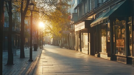 Serene urban dawn  a quiet street with closed cafes and soft sunlight in the city landscape