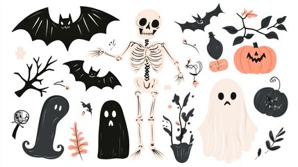 Halloween-themed illustration with Bone , Bats and pumpkins ,black color palette.