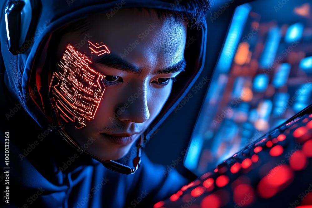 Poster Futuristic hacker breaking into a digital fortress, using advanced AI tools and glowing code streams, with a neon-lit cyberpunk city in the background