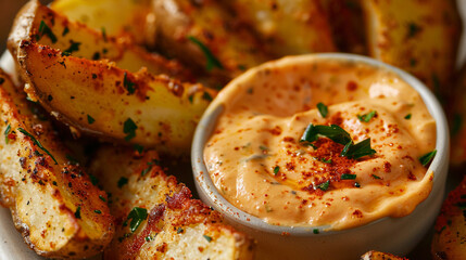 A crispy potato wedge dipped halfway into a spicy, creamy dipping sauce, the wedge dusted with paprika and herbs.
