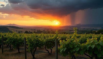 Fototapeta premium Sunset over a vineyard under a stormy sky