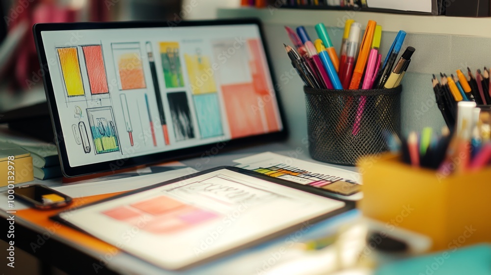 Aufkleber a close-up of a designer's workspace with a tablet, sketchbook, and colorful markers, emphasizing th