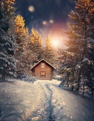Beautiful Christmas winter illustration. Landscape with a little wooden cottage in  pine forest in the mountains, a lot of snow, frost on tree branches, dark night, moonlight. 