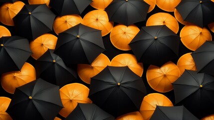 Many black and orange umbrellas in dark area. Neural network ai generated art